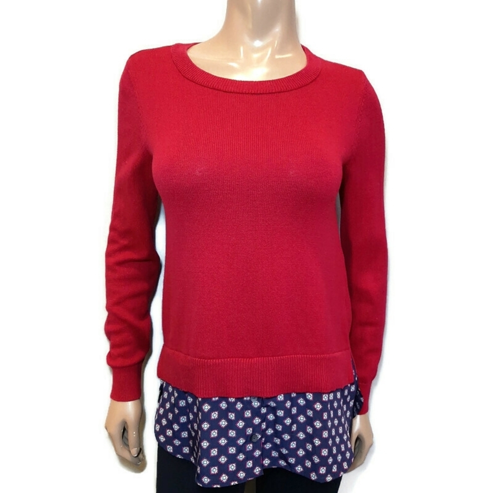 Tommy Hilfiger Faux Layer Pullover Sweater Cotton Knit Tunic Red Blue Size Small